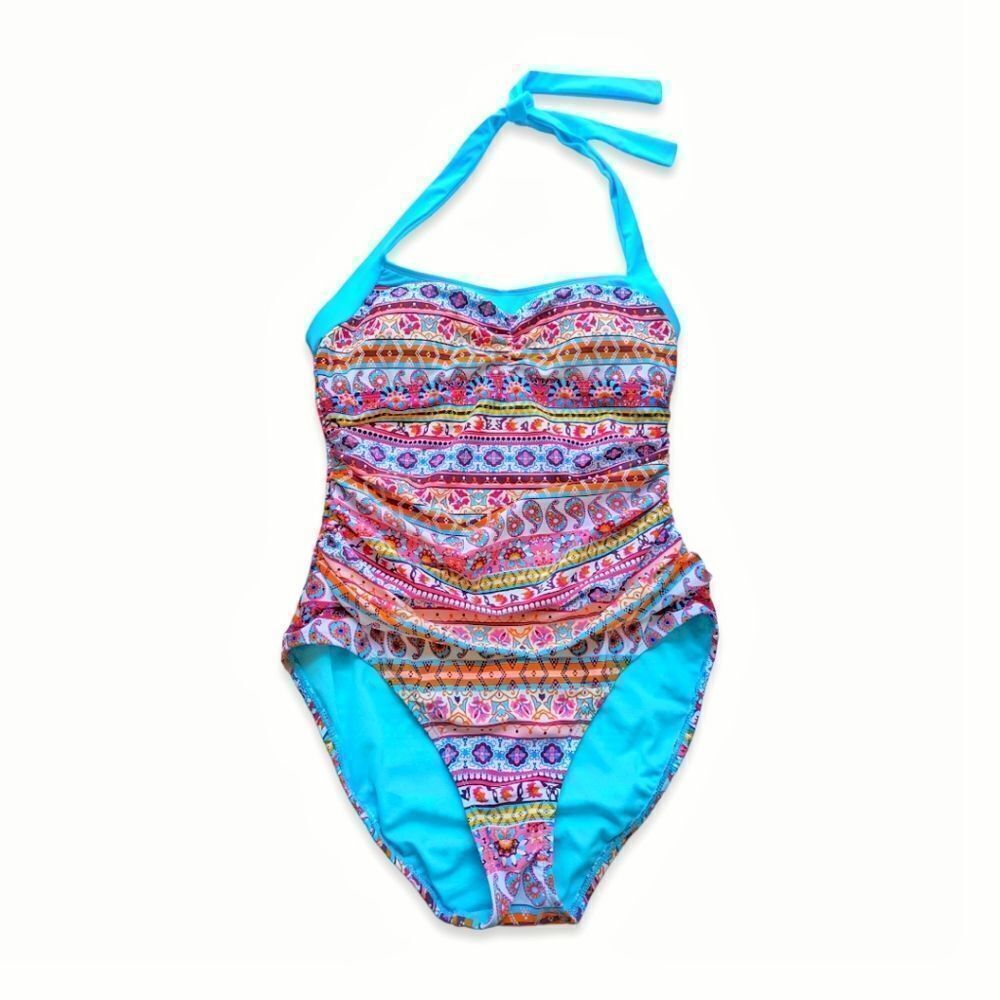 Into The Bleu‎ Halter Tummy Hiding Turquoise Paisley One Piece swimsuit size 12